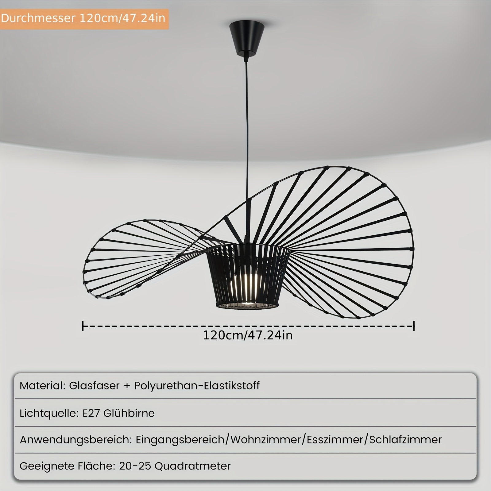 Fashion Chandelier Table Light Hanging Lamp Black - Multiple Sizes 60cm/80cm/100cm/120cm140cm E27 Height Adjustable Chandelier Hat Design Lampshade (bulb Not Included)