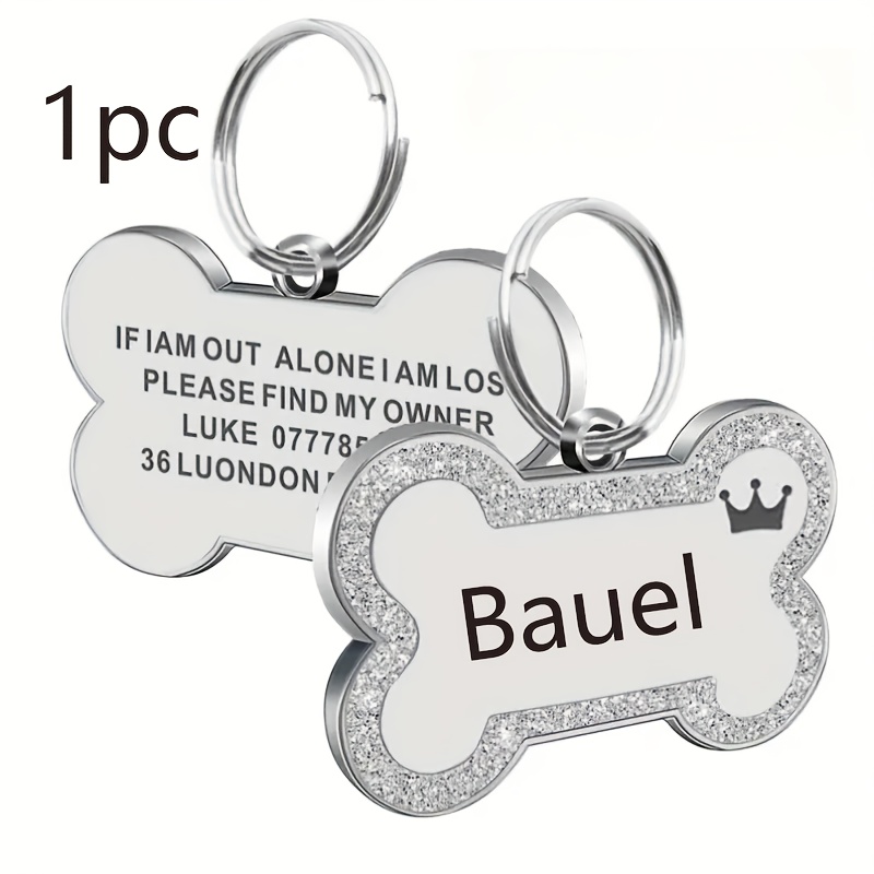 1pc Personalized Glitter Dog Tag - Custom Engraved Bone ID Tag with Name and Text, Pink Sparkle Surface, Paw Print Design, Perfect for Dog Collars & Leashes
