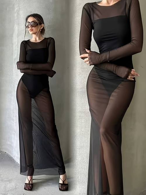 womens mesh long sleeve dress elegant and casual sheer mesh beach dress machine washable fabric vacation