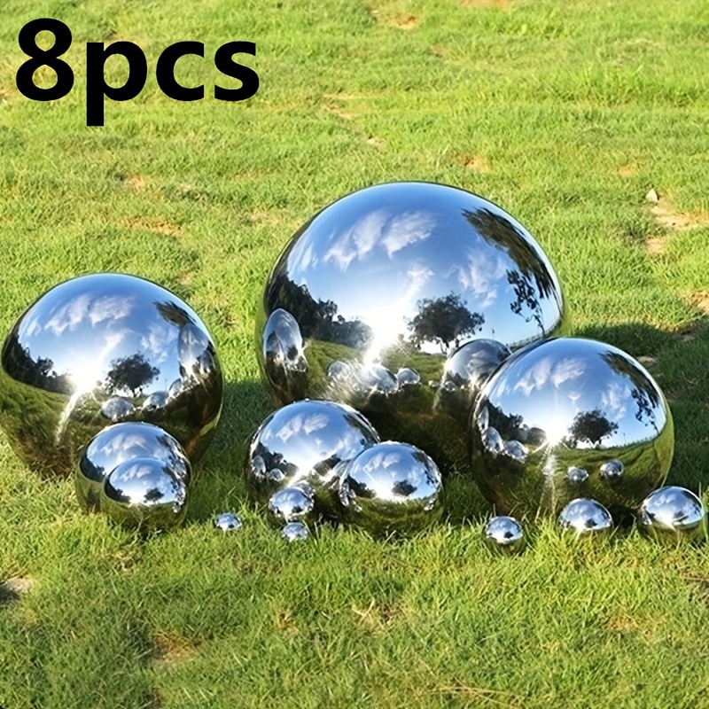 

8-piece Reflective Stainless Steel Sphere Decorations - Mirror Finish, Hollow Design For Garden & Staircase Accents