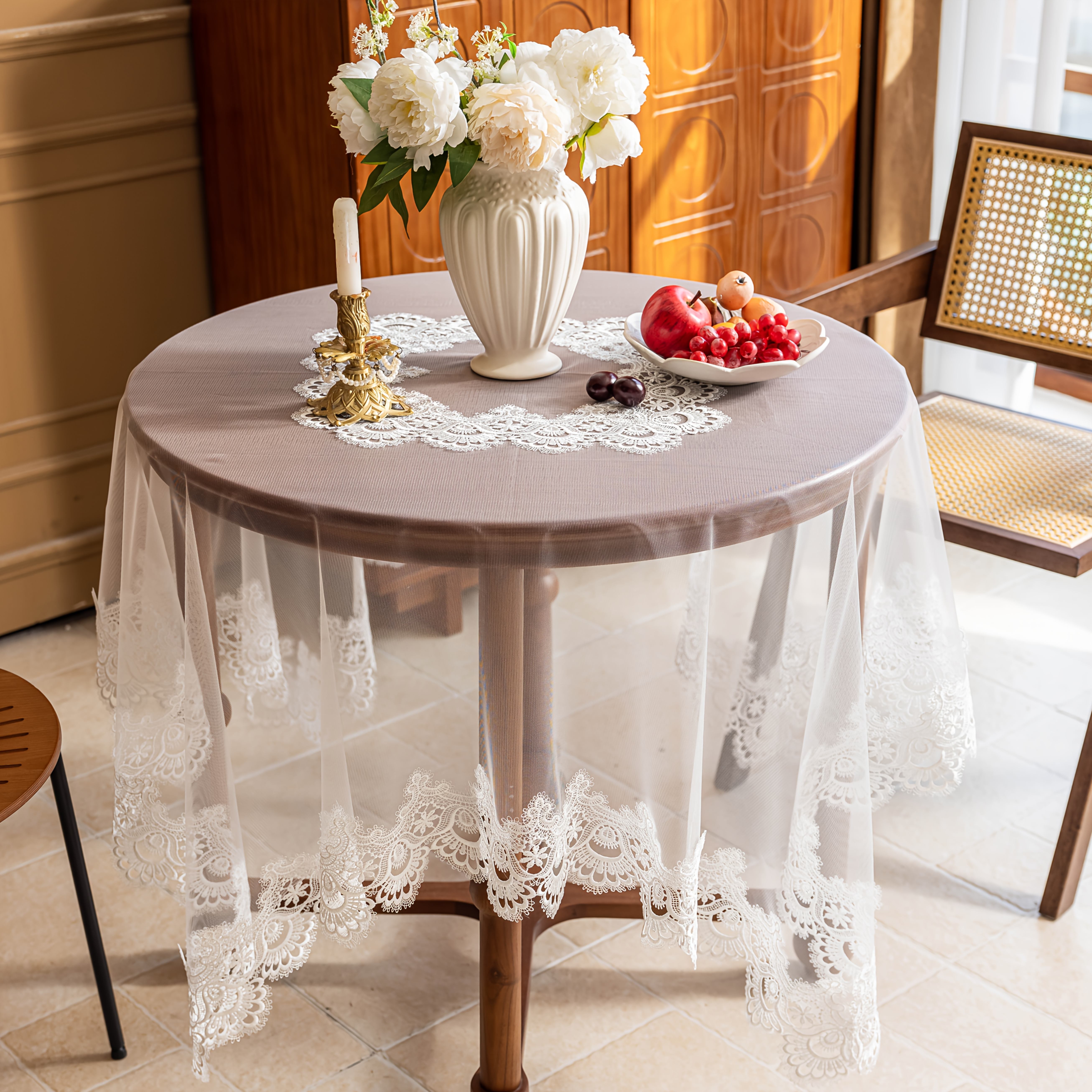 One Polyester White Mesh Lace Tablecloth with Embroidery, Country   Decor Square Cloth for Kitchen Dining Party Indoor Outdoor Holiday, Outdoor Tablecloths, Lace Tablecloth Rectangle, Velvet Table Cloth, Elegant Tablecloth, Holiday Table Setting, Embroidered Lace, Vintage Lace Design, Delicate Embroidery,   Lace, Decorative Table Cover, Holiday Hosts, Event Stylists