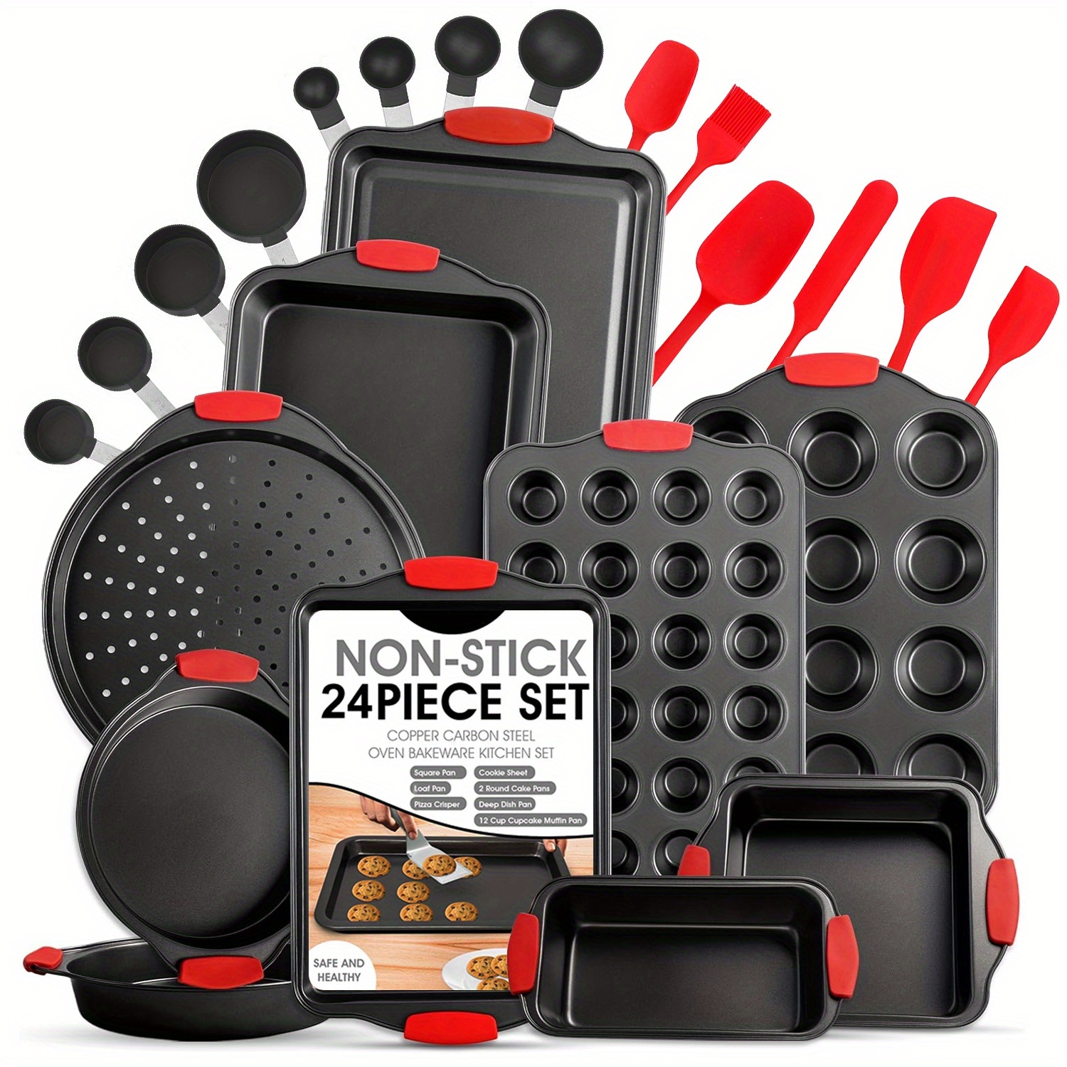 TEMU Nonstick Bakeware Set - 2/5/24pcs Baking Pan Tray Set With Silicone Handles & Utensils, Baking Sheet, Carbon Steel , Baking Dish, Baking Pans, Black