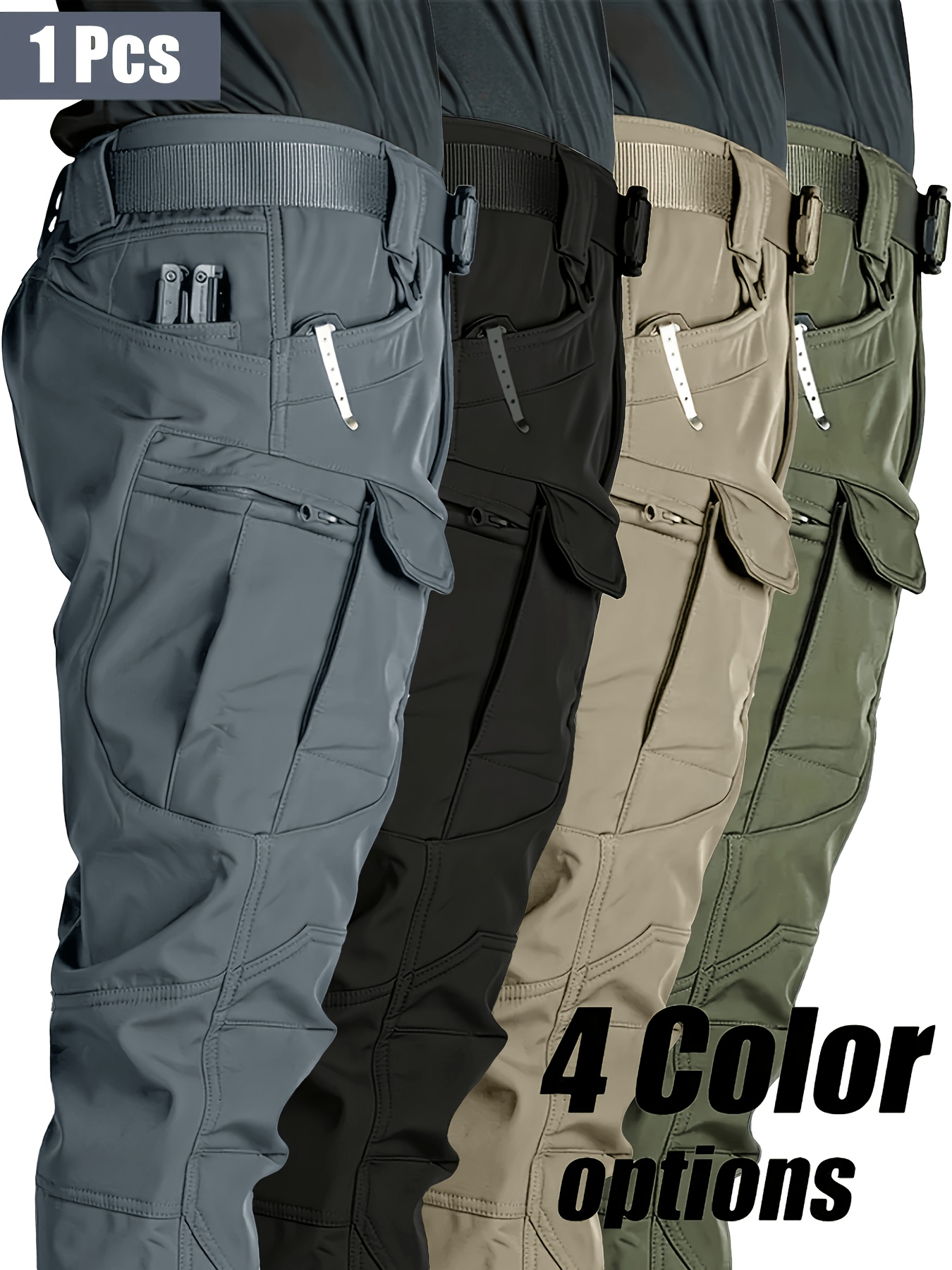 imagen del artículo pantalones cargo tácticos para hombre, multibolsillos,   composito 100% poliéster, micro-elastico  , adecuados para uso   casual, camping, ropa para   mayores y de   edad, estilo  /otoño (sin cinturón)