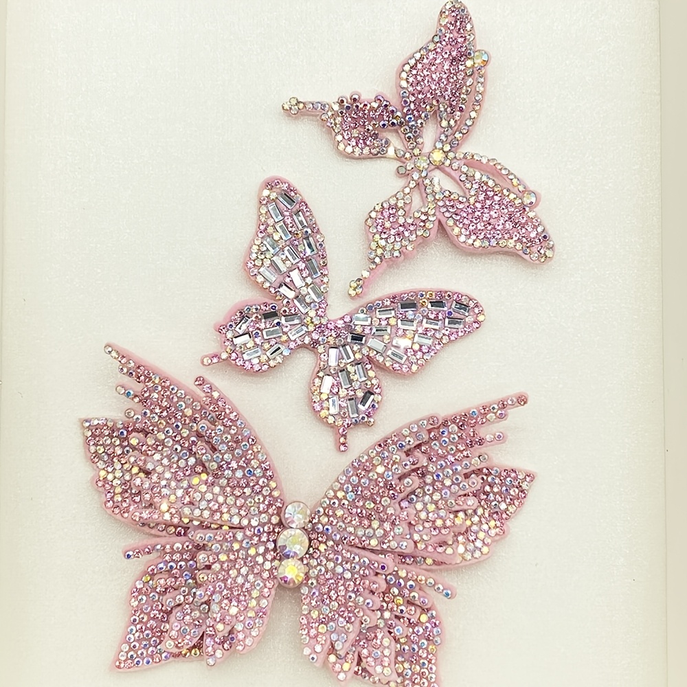 Image of A Set Of 3 Pink Full Diamond Rhinestone Hand-sewn Additions, Shoes, Hats, Bags, Hair Additions And Other Additions