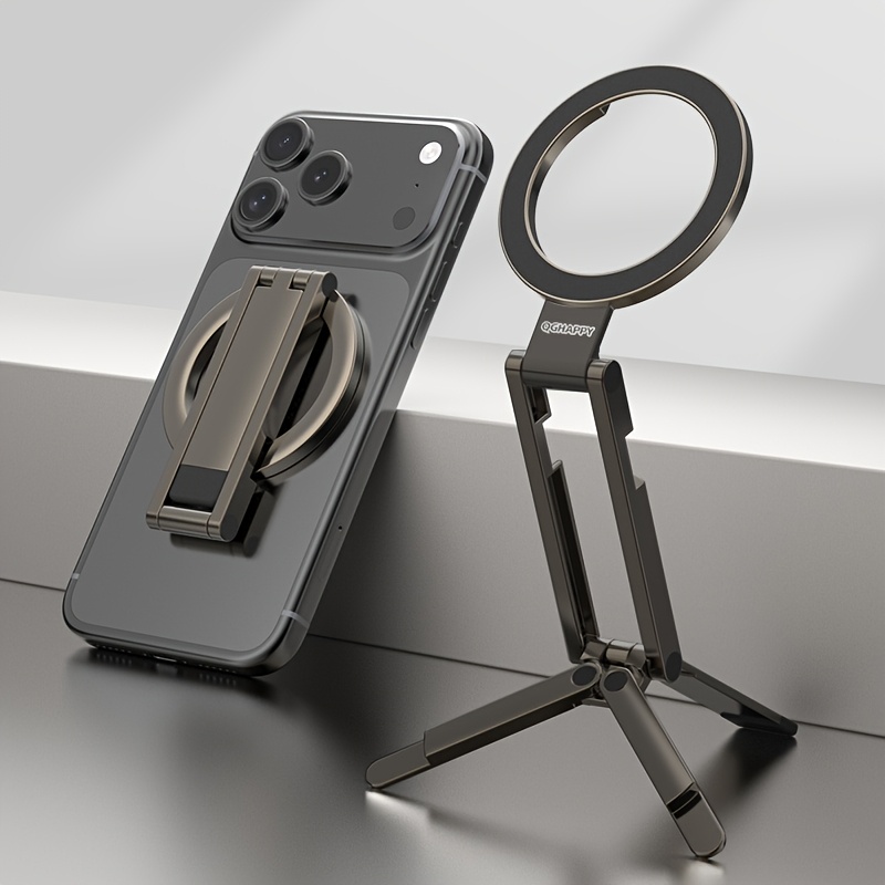 TEMU Mobile Phone Tripod Holder Desktop Universal Adjustable Metal Stand For Iphone Folding 360Â° Rotation Strong Magnet Phone Support For