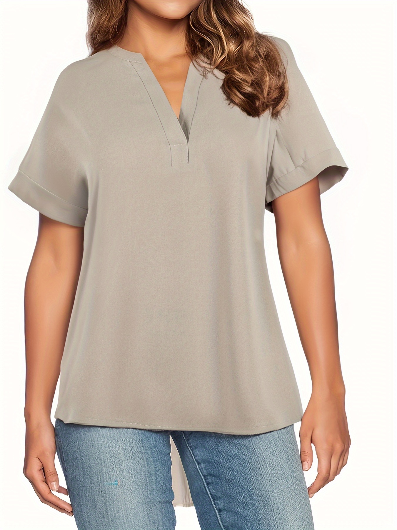 Solid Notch Neck Blouse Plus Size Casual Short Sleeve Blouse Temu New