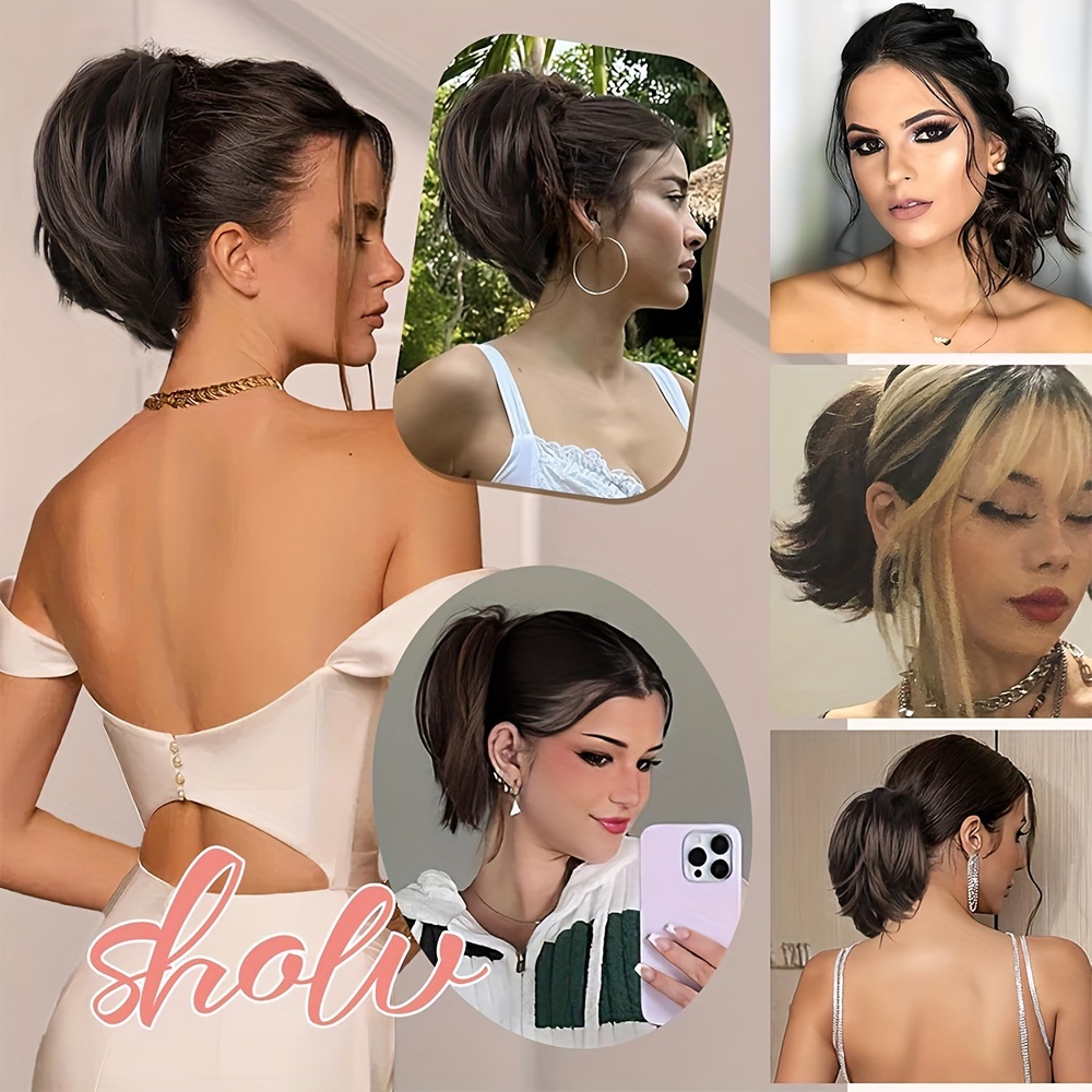1pc elegant womens short ponytail extension with claw clip and   wires 10 straight hair messy bun   hairpiece diy styling options details 4