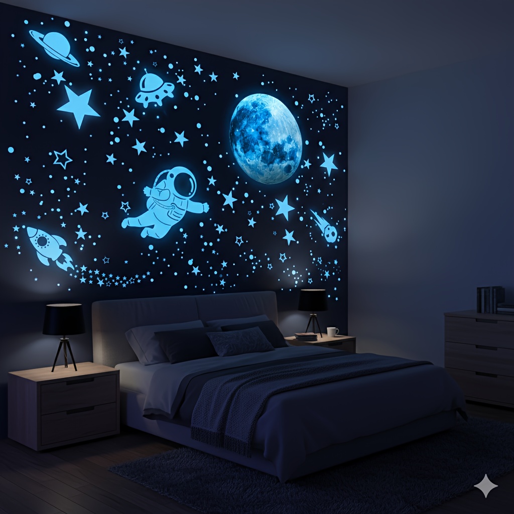 Image of Starry Night Light Wall Sticker With Ceiling Glow, 1008pcs Glowing Stars In The Dark, Space Wall Sticker, Suitable For Bedroom Decoration, Wall Decor