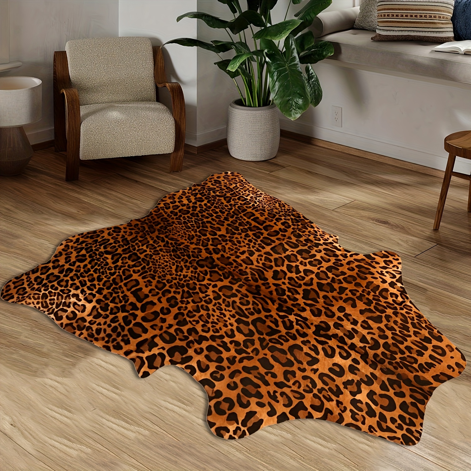 TEMU Premium Velvet   Dotted Plastic Bottom 1pc Plush Pastoral Style Leopard Print Rug â 850g/mÂ² Velvet Material, Machine Washable And Quick-drying