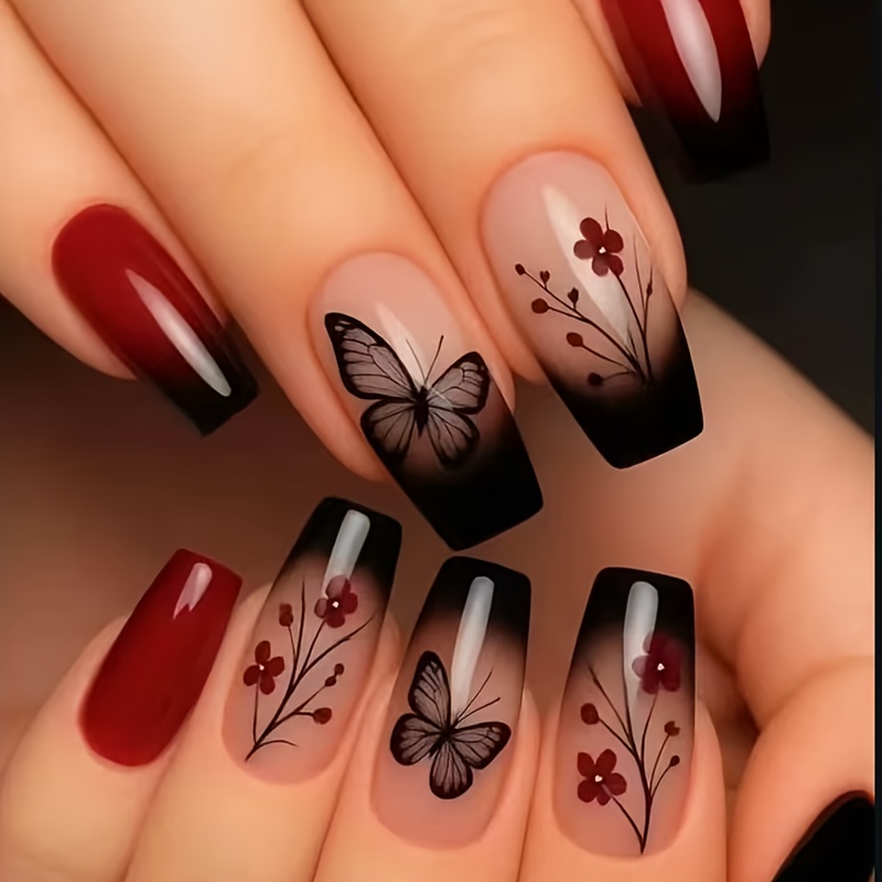 96 unhas postiças de comprimento médio em forma de bailarina com designs florais e de borboletas brilhantes 2