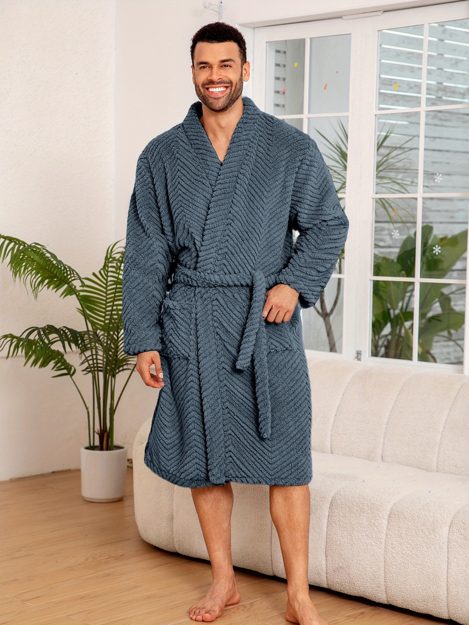 Men'S Plus Size Thickened Warm Flannel Robe - Soft Plush Fleece Long Sleeve & Pants, V-Neck Casual Bathrobe with Belt, Cozy Fall/Winter Home Wear for Men, Plus Size Sleepwear For Men