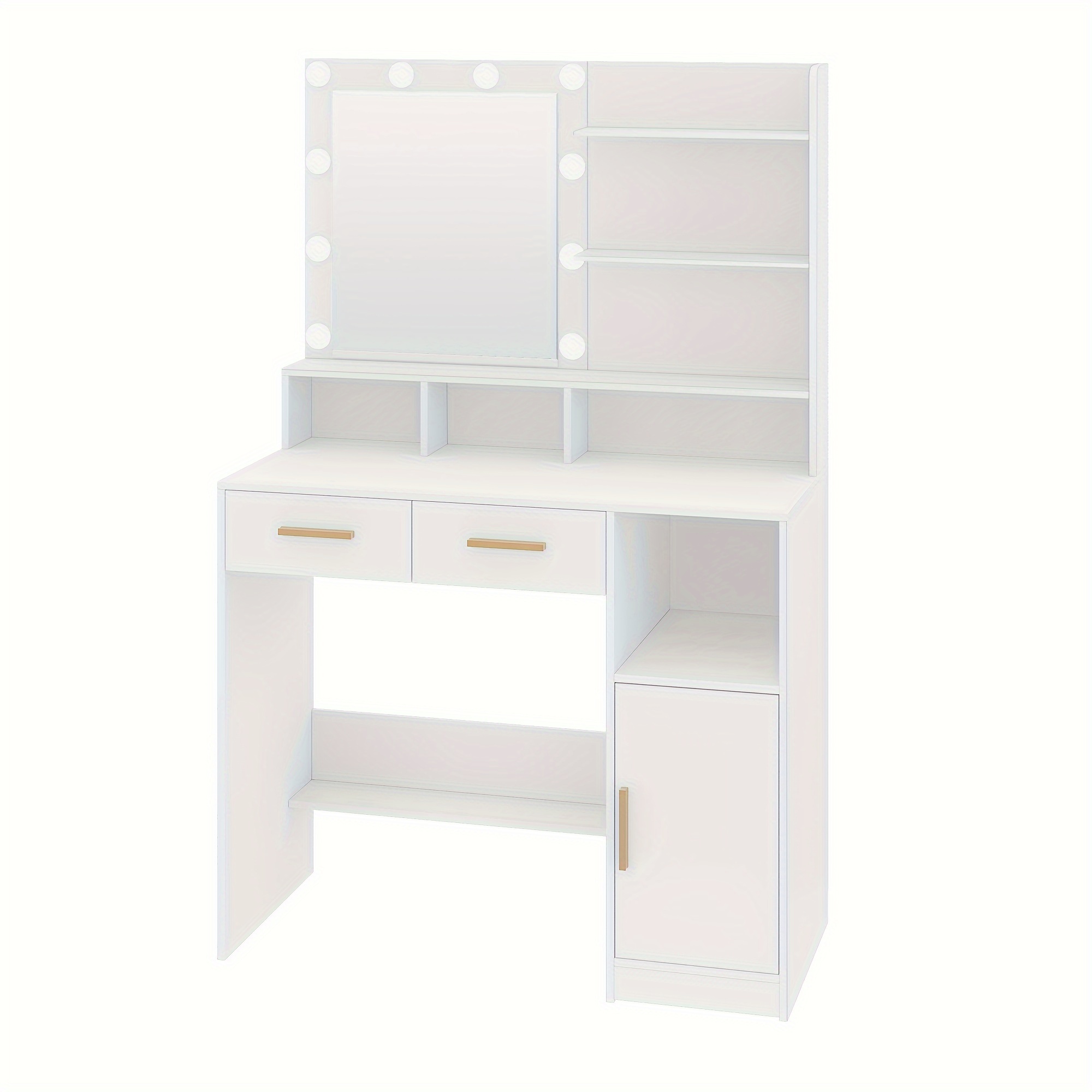 Dressing Table With Mirror And 10 Led Lighting, Adjustable Brightness, Dressing Table With 2 Drawers & 1 Cabinet, 3 Shelves & 4 Open Compartments, White