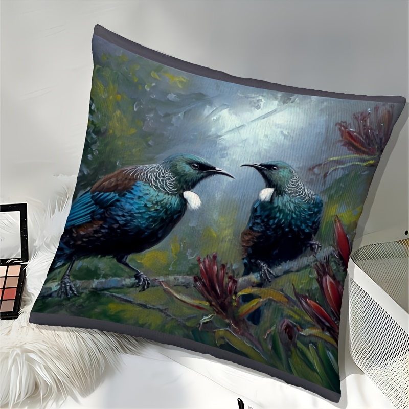 TEMU A Decorative Cushion Cover Featuring 2 New Zealand Local Birds ( Feathers And Floral Branches) On A Dark Green Background - Machine Washable