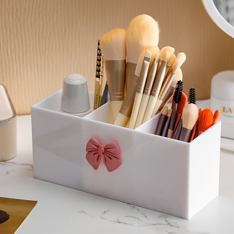 1pc 3 compartment makeup brush storage box eyebrow pencil and lipstick storage rack small display box suitable for bathroom bedroom pink bow black home storage box Product details 5