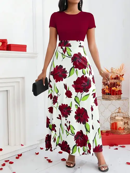 Women's Burgundy Short-Sleeve Maxi Dress - Elegant Round Neck Short Sleeve -Line Dress with Short Sleeves, Machine Washable Summer Dress Suitable for Weddings, Parties, Spring Summer Fall Outfits Women's Burgundy Short-Sleeve Maxi Dress - Elegant Round Neck Short Sleeve -Line Dress with Short Sleeves, Machine Washable Summer Dress Suitable for Weddings, Parties, Spring Summer Fall Outfits