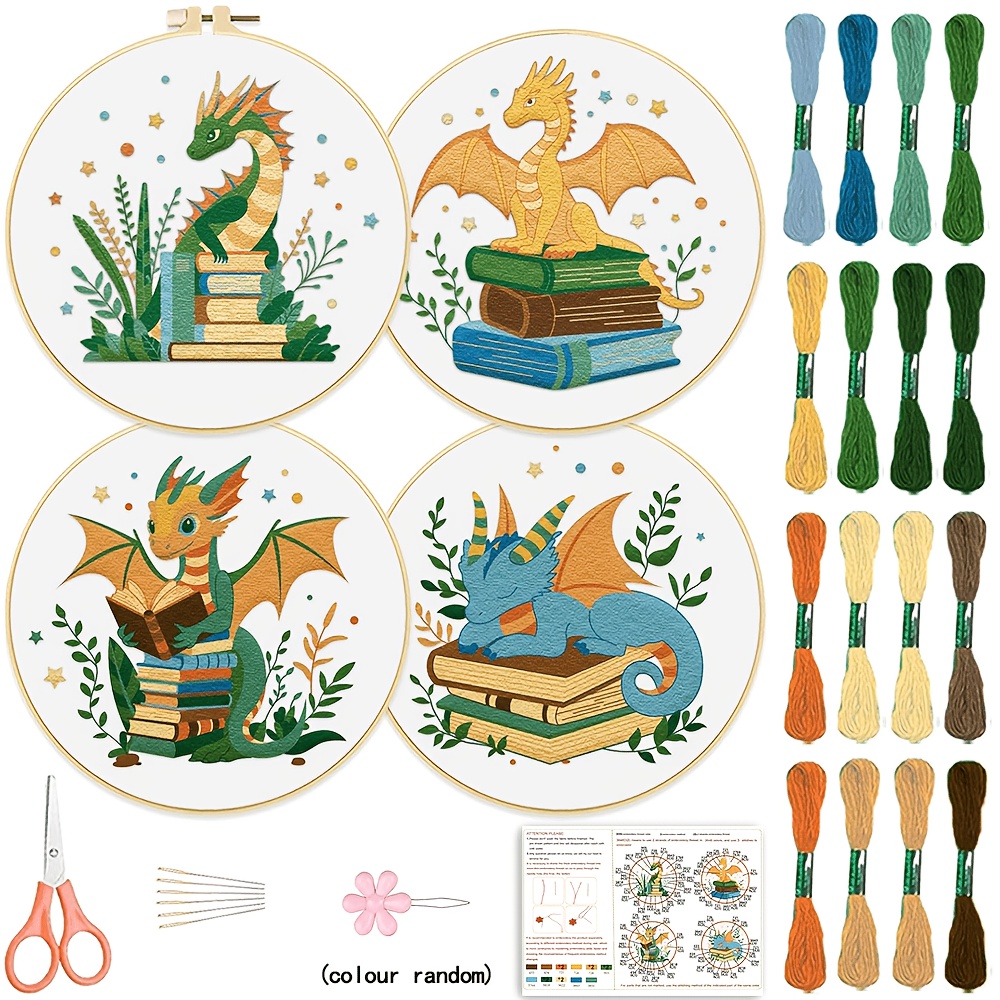 TEMU 4 pièces Kit de Broderie DIY Thème Dragon et Livre - Inclut 4 Tissus à Broder Imprimés, 1 à Broder, Fil à Broder Suffisant, Outils de Broderie