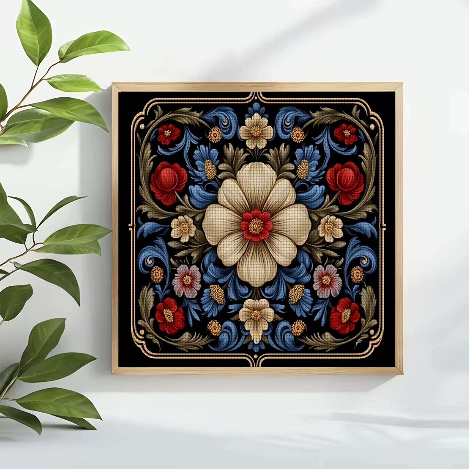 Cross-Stitch Printed Kit, Frameless, Black Background Floral Decoration Pattern