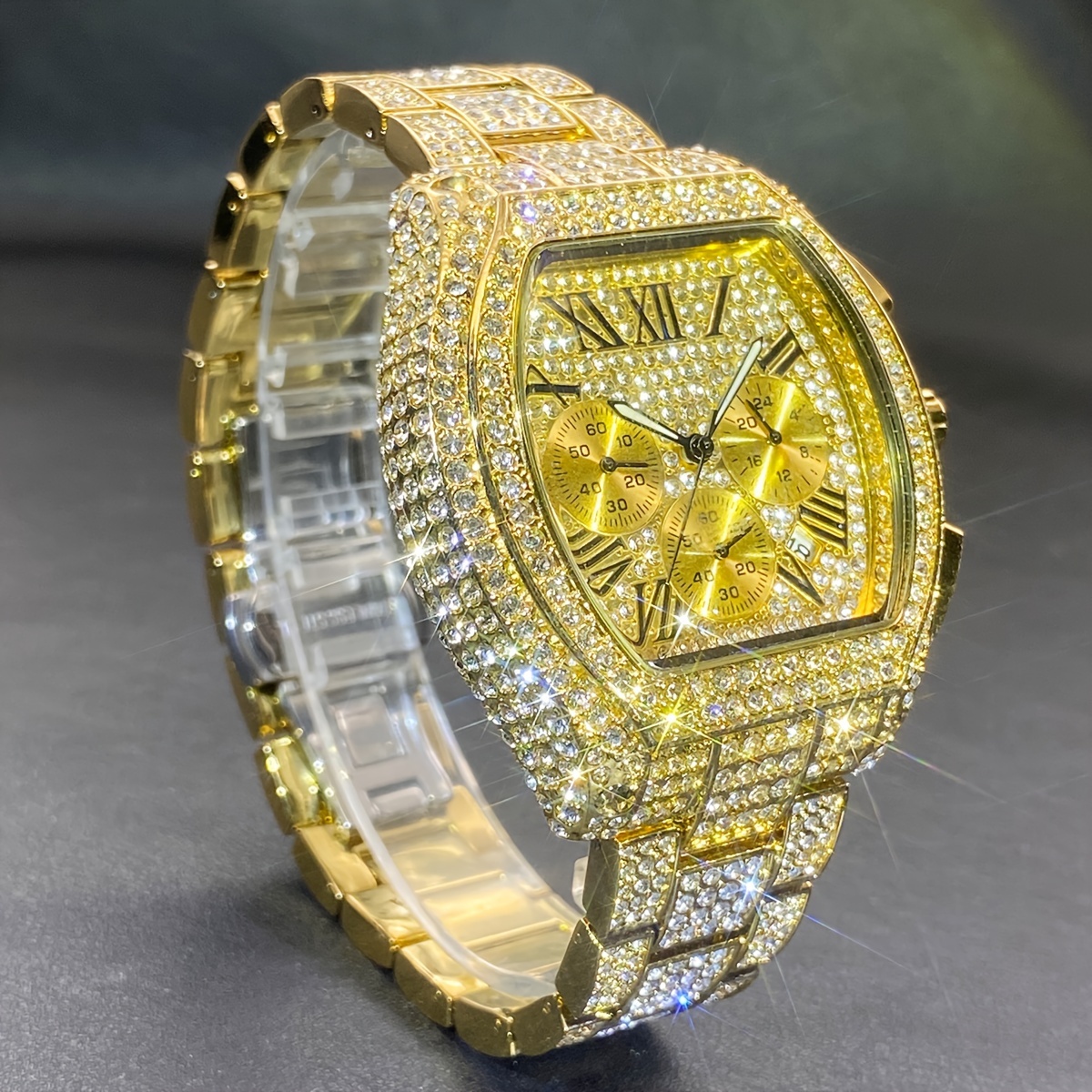 Reloj de cuarzo para hombre MISSFOX con diamantes de imitación, cronómetro estilo fiesta con caja y correa de aleación de zinc no impermeable, esfera electrónica en forma de barril, reloj deportivo de hip hop con pantalla de puntero