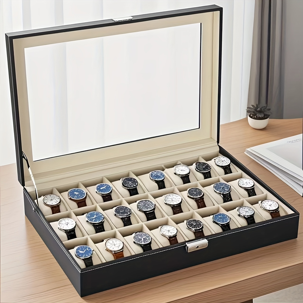 elegant design elegant 24 slot   leather watch organizer box with   interior   lid   display storage of watches