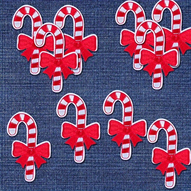 

10pcs Christmas Candy Cane Embroidery Cloth Patch Sticker, Iron On Or Sewing Decal For Clothes, Hat, Bag, Diy Decorative Accessories