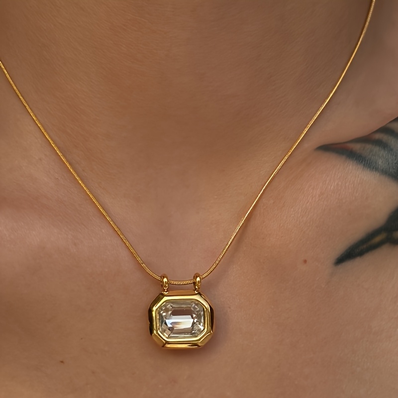 Image of 1pc Women's Fashion Pendant Necklace, Simple Square Synthetic Zirconia Pendant Necklace, Daily Casual Vacation Necklace, Stackable Fashion Accessory