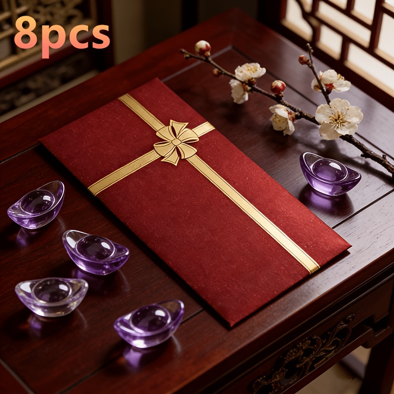 TEMU Envelope 8pcs, High-quality Envelopes/money Pouches With Ribbon Pattern, Perfect For Lunar New Year, Birthdays, Weddings, Valentine's Day,