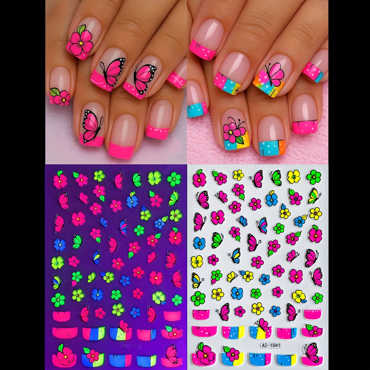 2pcs Neon Colorful Flower Nail Stickers, Glow In The Floral Nail Art Stickers, Fluorescent Nail Art Decals Diy Adhesive Manicure Nail Supplies
