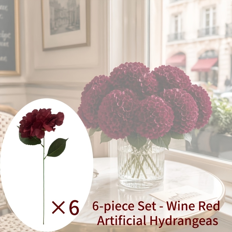 TEMU 6pcs Set - Burgundy Artificial Hydrangea Flowers With Wire Stems | Suitable For , Home Decor/parties, Mother's Day, Spring, Valentine's Day