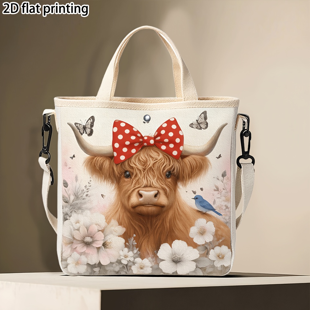 TEMU 1pc Handbag, Floral Butterflies Highland Cow Pattern Crossbody Handbag With Detachable Strap, Ideal For , Versatile Tote Bag