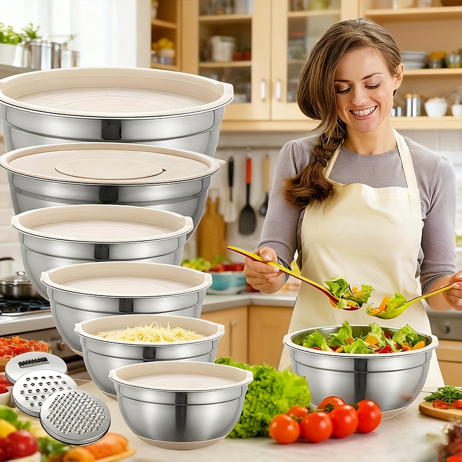 TEMU 6pcs Salad Bowl Set, 16-26cm, Stainless Steel Salad Bowl Set With Airtight Lids And 3 Shredding Accessories - Non-slip Base, Suitable As Mixed