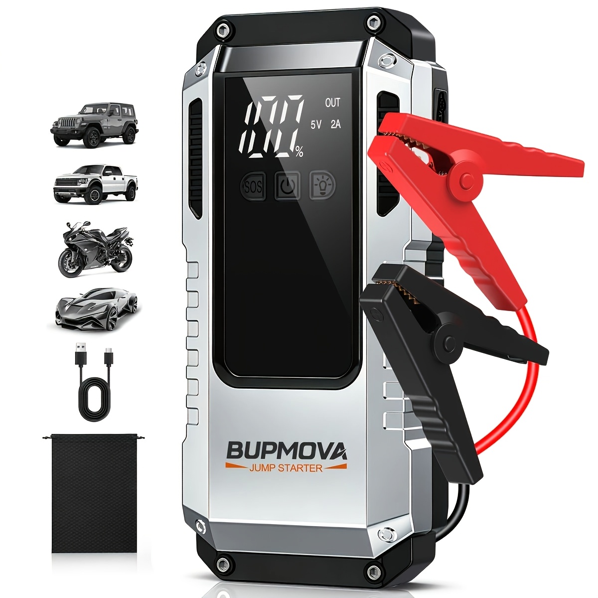 TEMU Booster per batteria di avviamento auto 12V, Power Bank, Avviatore d'emergenza con luce LED e LCD, per motori a benzina o diesel di qualsiasi