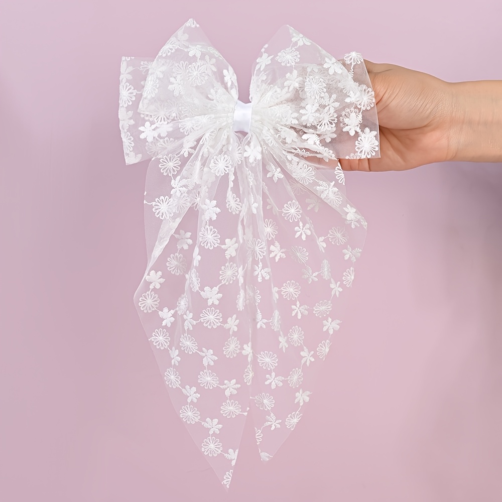 TEMU 1pc White Sheer Tulle Bow Hair Clip With Floral Embroidery For Womesn Elegant Mesh Fabric Barrettes For Daily Use Ideal For Teen Photo Shoots &