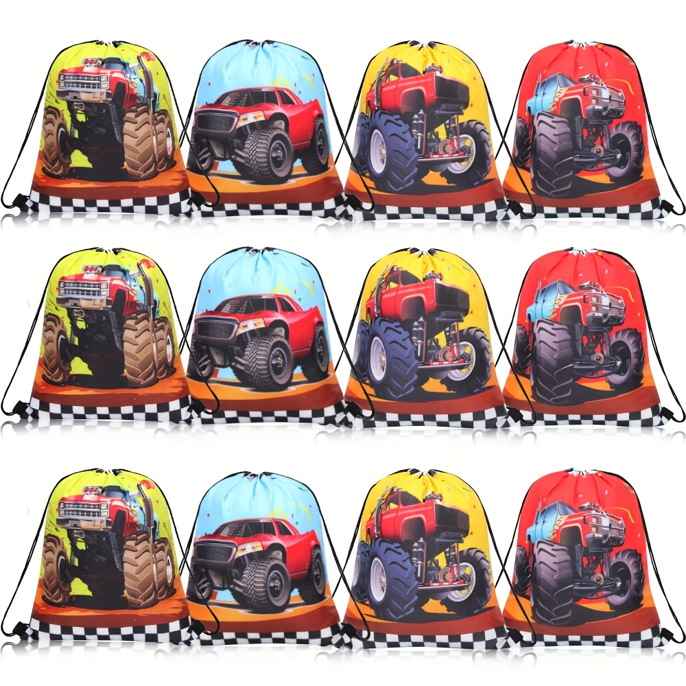 

Monster Truck Themed Drawstring Bags 12-pack - Polyester, Reusable Party Favor Packs For Birthday, Christmas, Halloween - Portable Sports-themed Trucker Backpacks For Gifts And Candy