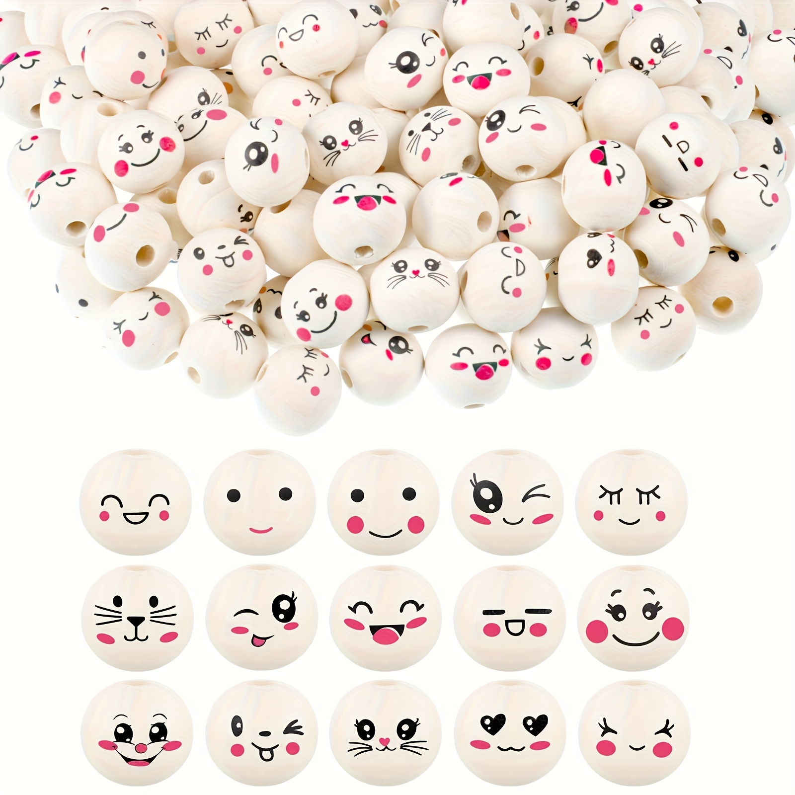 Lahnao 40 Pièces Perles en Bois Avec Visage - Boules Koala, Ours, Mickey, Panda 25 mm - Têtes Pour Bricolage, Vers Soucis et Porte-Bonheur
