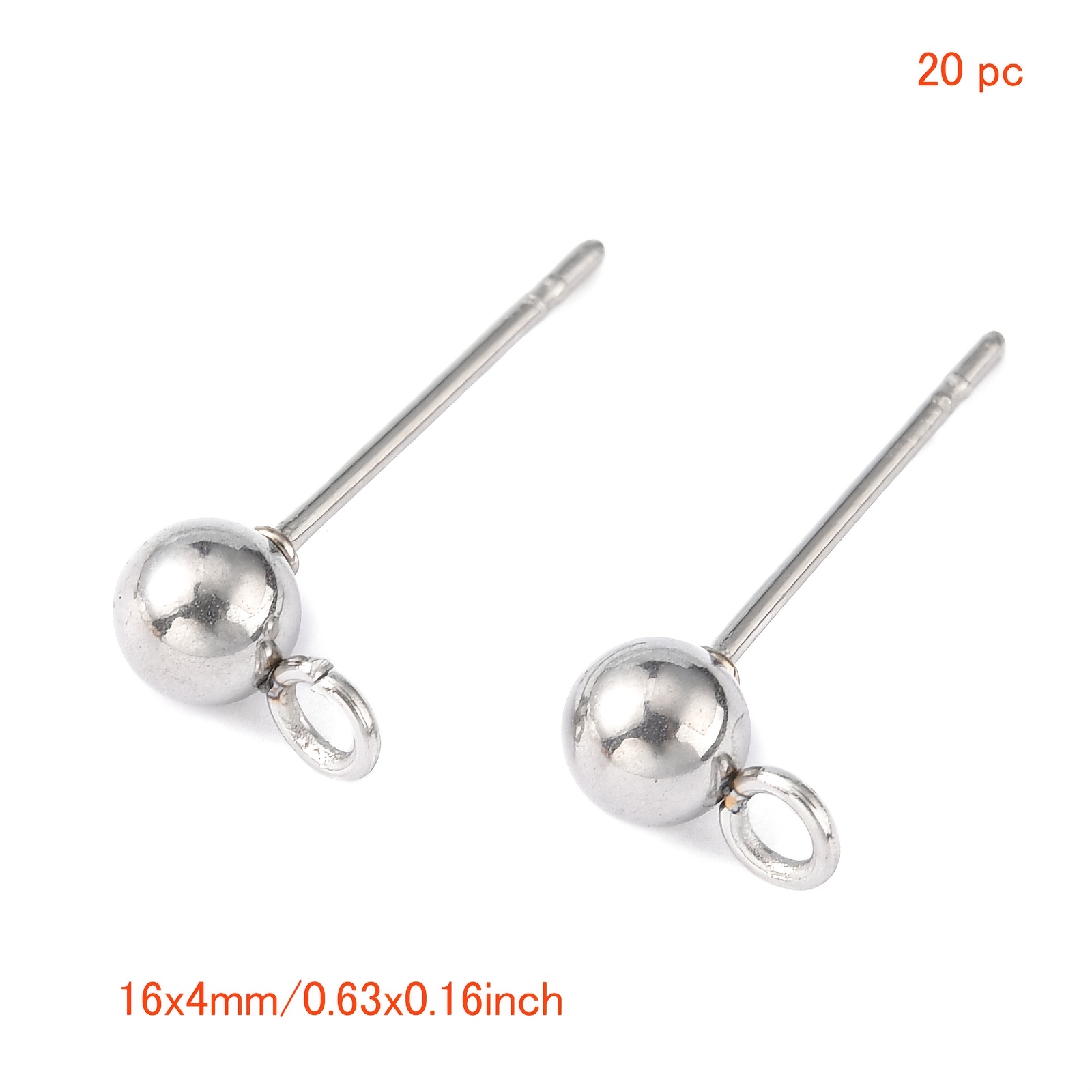 TEMU 20pcs Original Color 304 Stainless Steel Ball Post Stud Earring Findings With Loop, 16x4mm, Pin: 0.8mm, Hole: 1.5~2mm, Earring Back & Findings