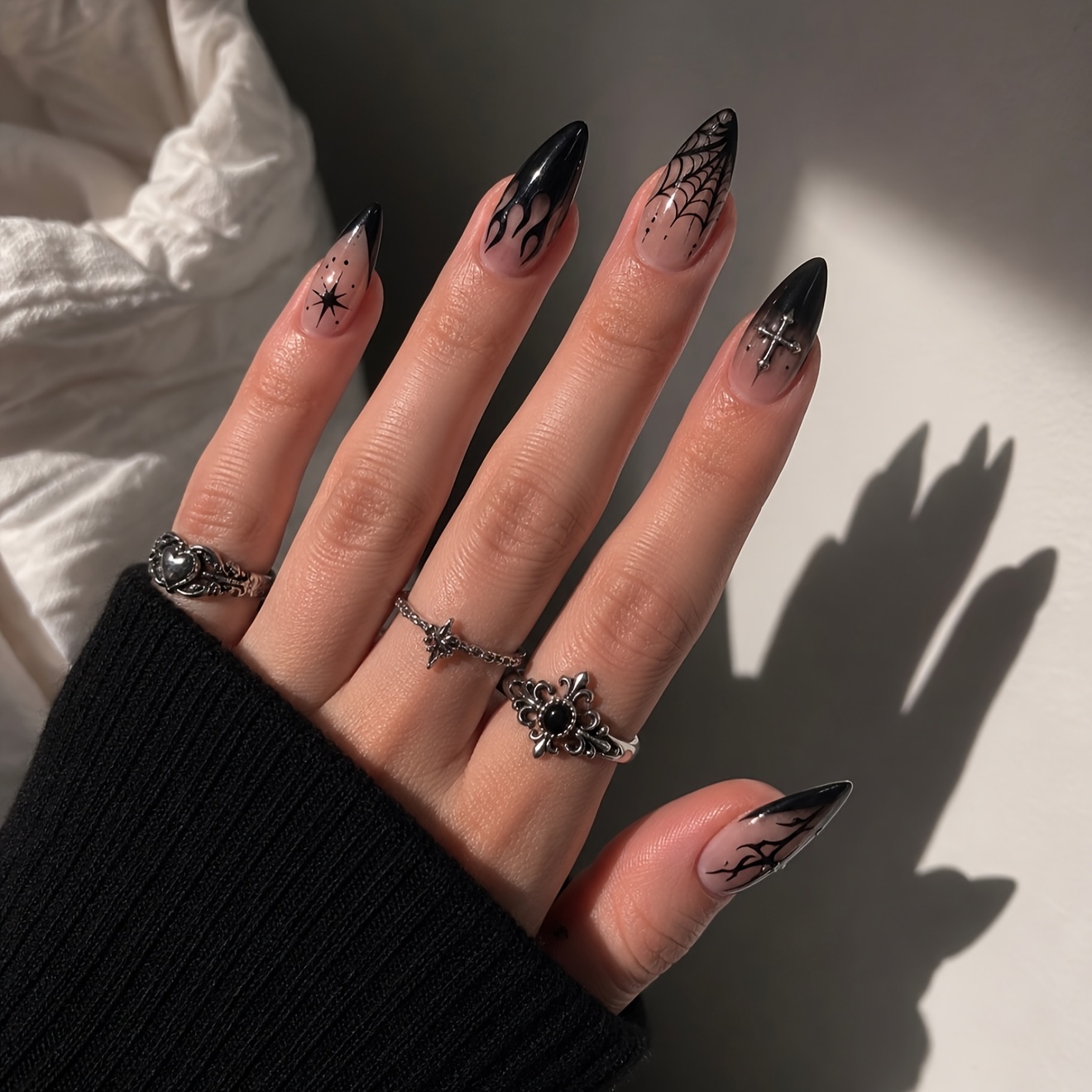 TEMU 24pcs Dark Gothic Halloween Press-on Nails Medium Almond Fake Nails Acrylic Full Cover Black Gradient 3d Gel Nails Reusable With Dot Flame &