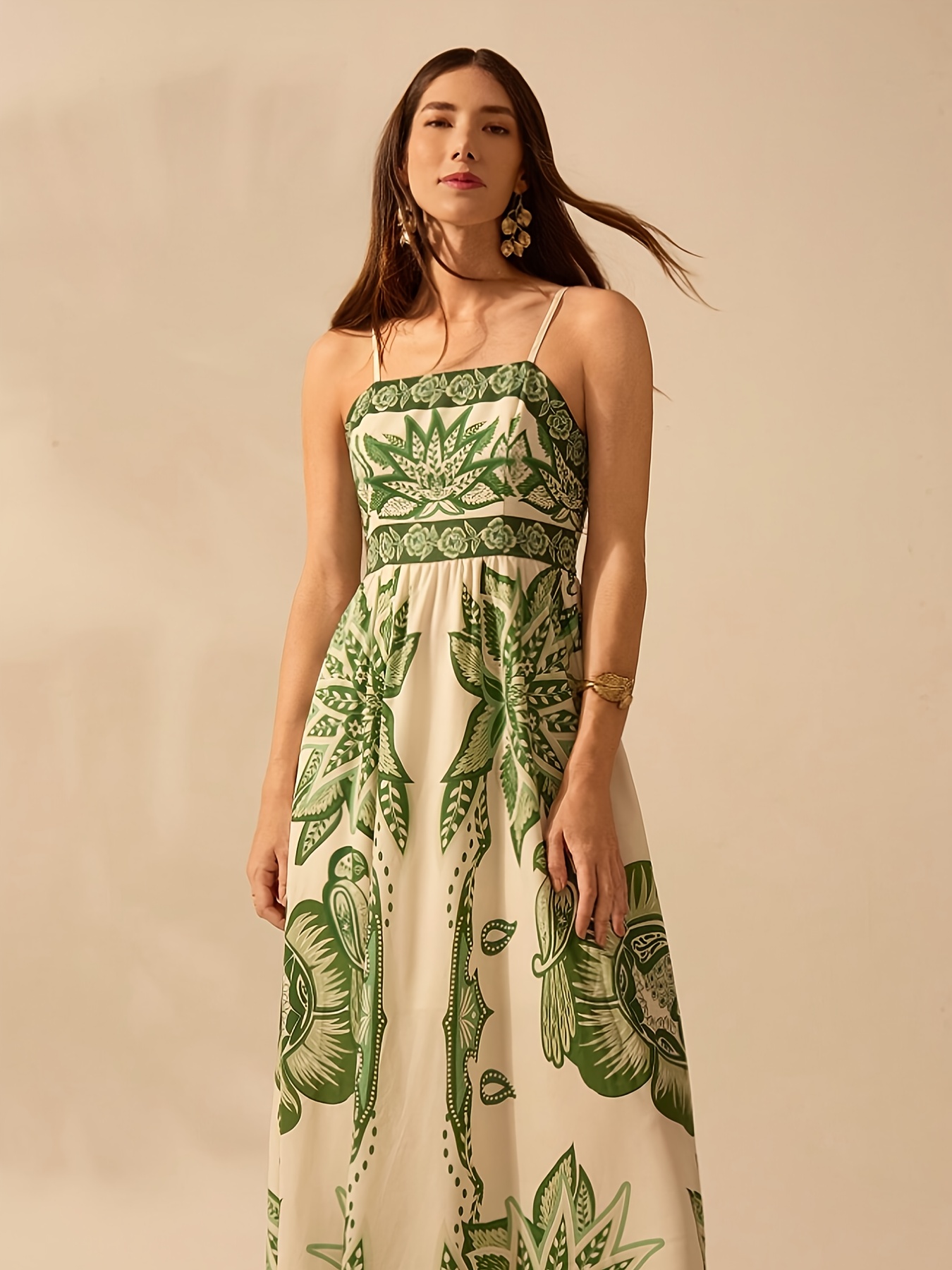 spaghetti strap backless ruffle trim printed maxi dress CLEARANCE