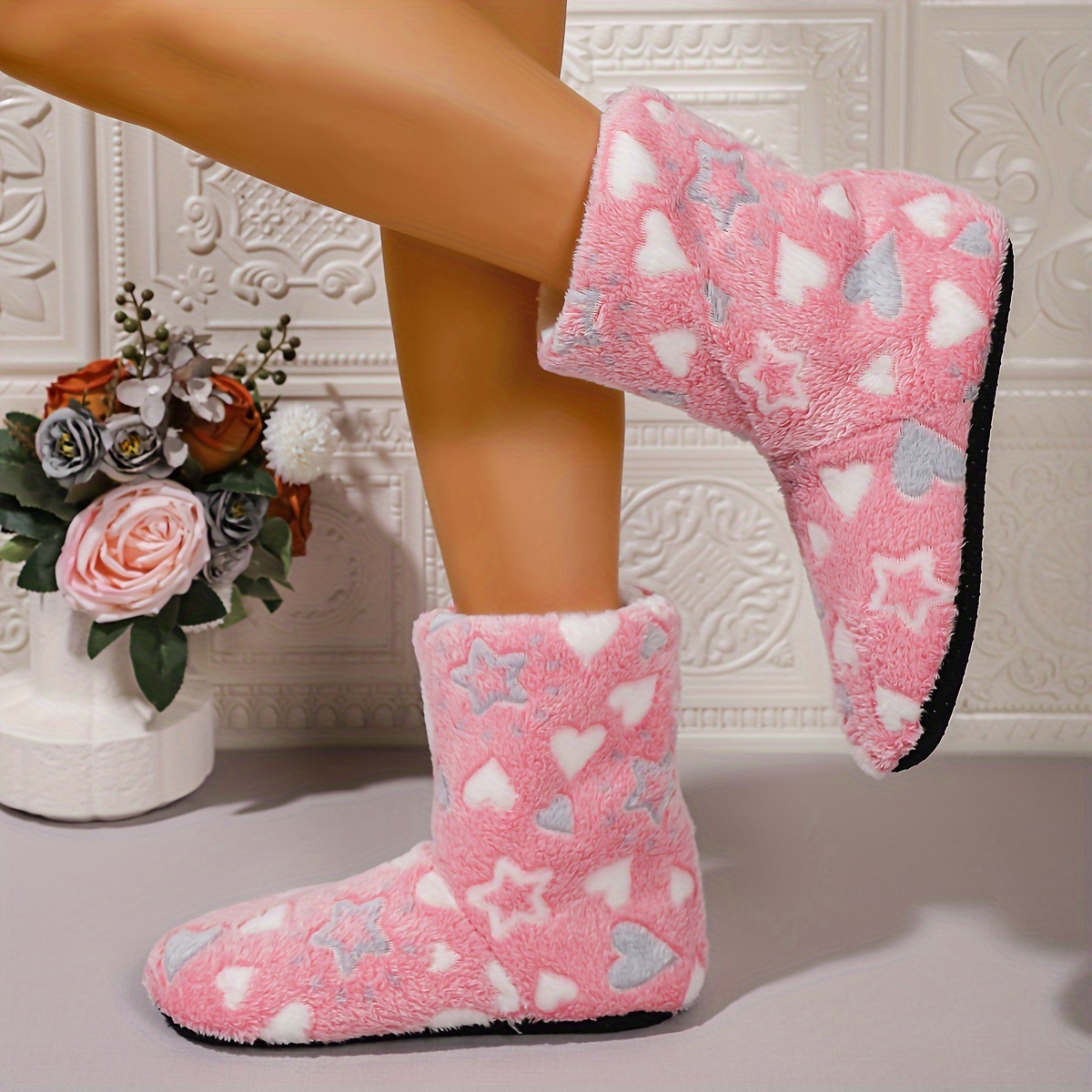 cozy star heart print plush womens slipper boots warm non slip   calf floor shoes with soft sole details 3
