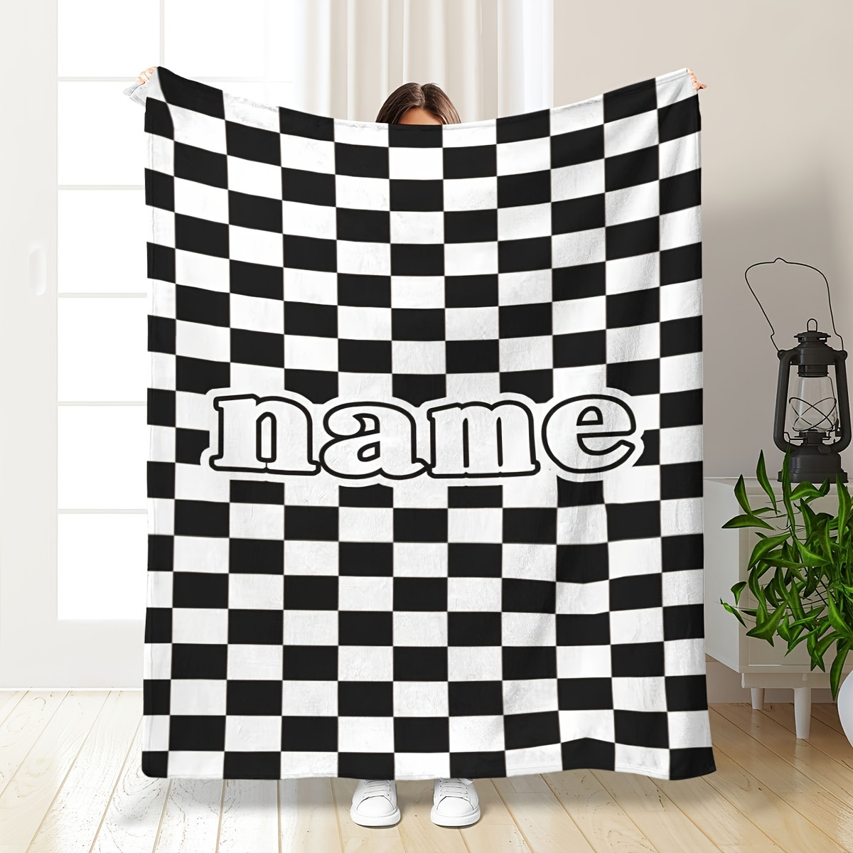 

Customizable Checkerboard Throw Blanket With Name Feature, Reversible, All-season, Hand Or Machine Washable, Space-themed, Chunky Knit Weave, Ideal For Camping, Uncharged Polyester Fabric - 1pc