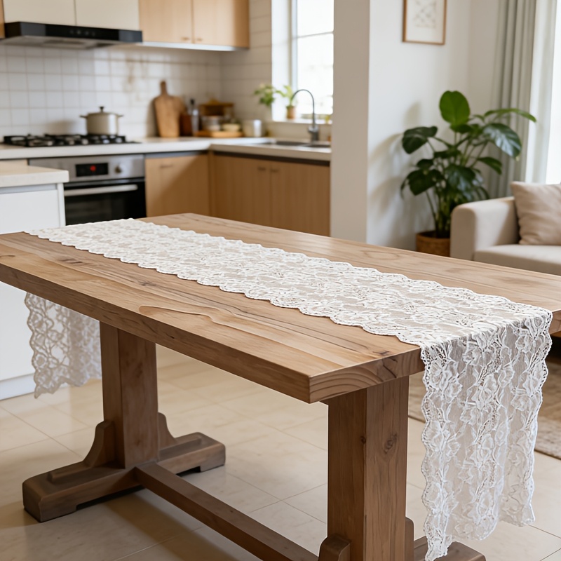 TEMU White Lace Tablecloth, 12.6 X 118 Inch Vintage Lace Table Runner, Embroidered Bohemian Table Runner For Rustic Wedding Table Decoration, Bridal
