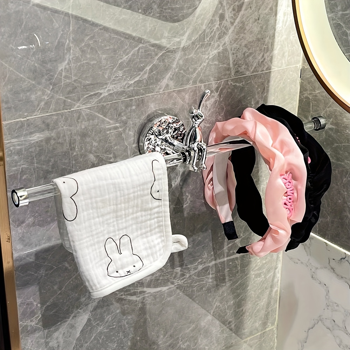 Porte-serviettes mural en forme de lapin en argent Art Déco, support de serviettes de salle de bain, design sans perçage, longueur de 30 cm, barre de rangement décorative et fonctionnelle pour serviettes pour un usage domestique - Options de support simple ou double disponibles