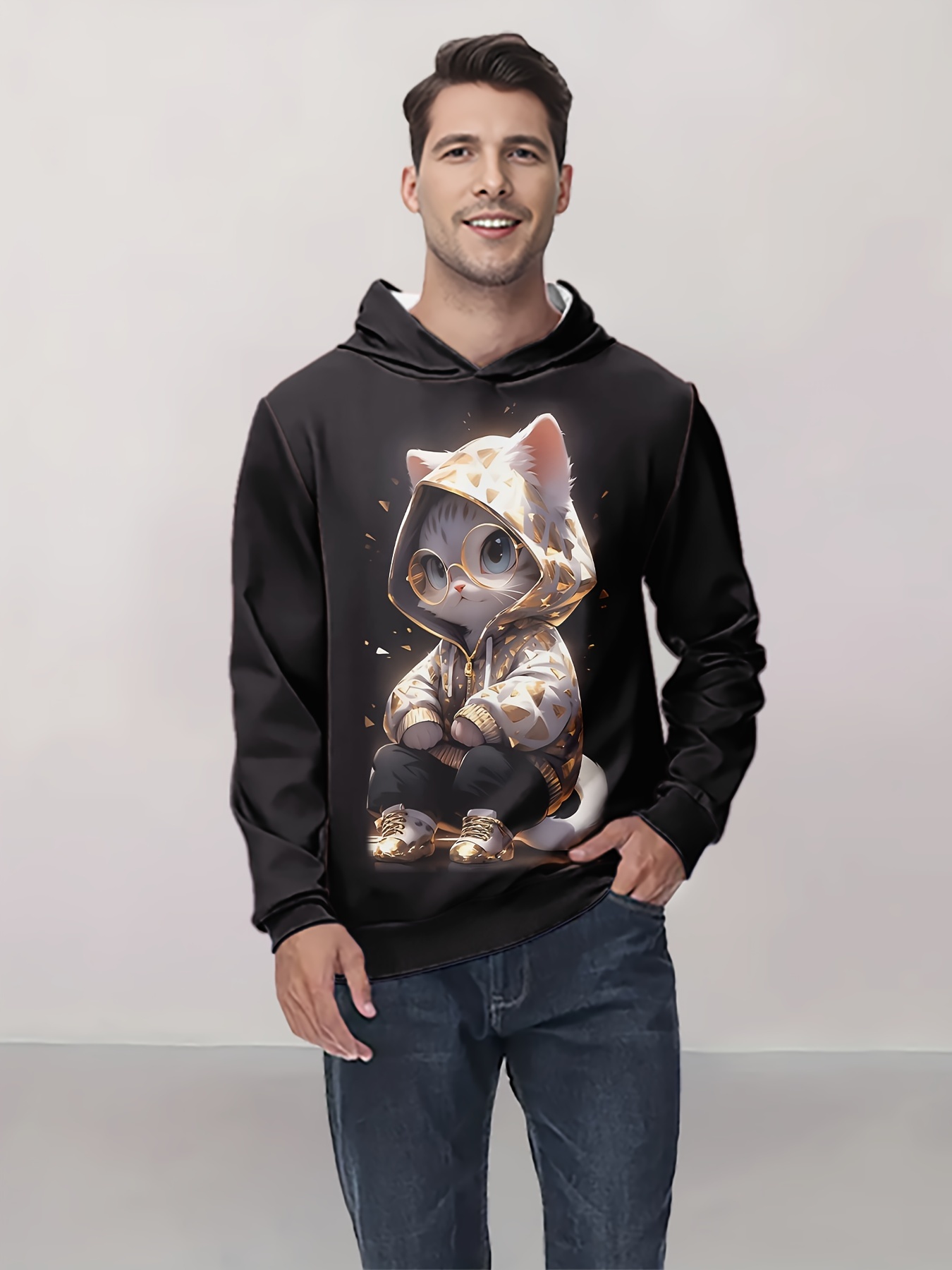 sudadera gato lindo impresión 3d hombres tela punto Temu Guatemala - Main Image