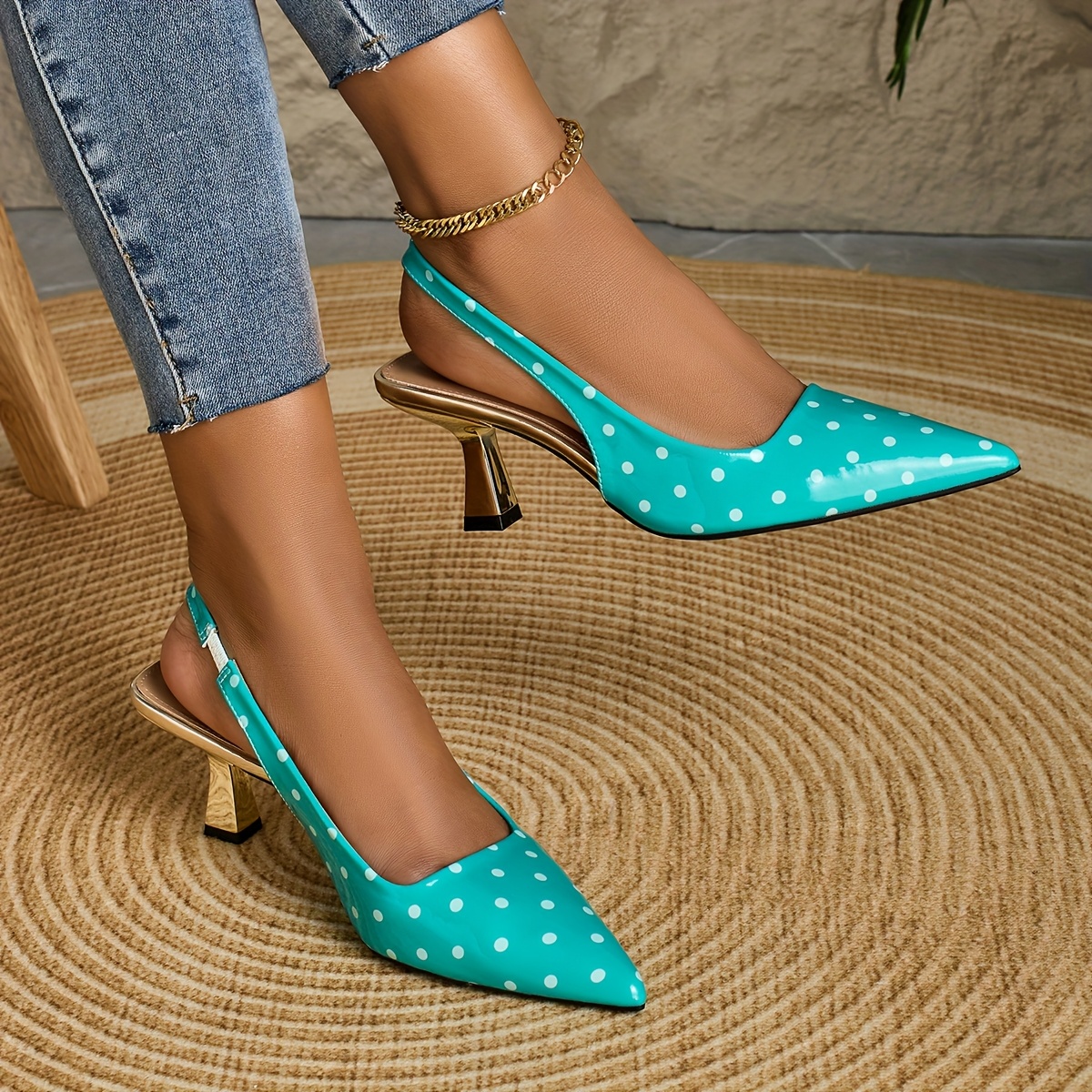 women's elegant turquoise polka dot pointed toe high heel Temu Chile