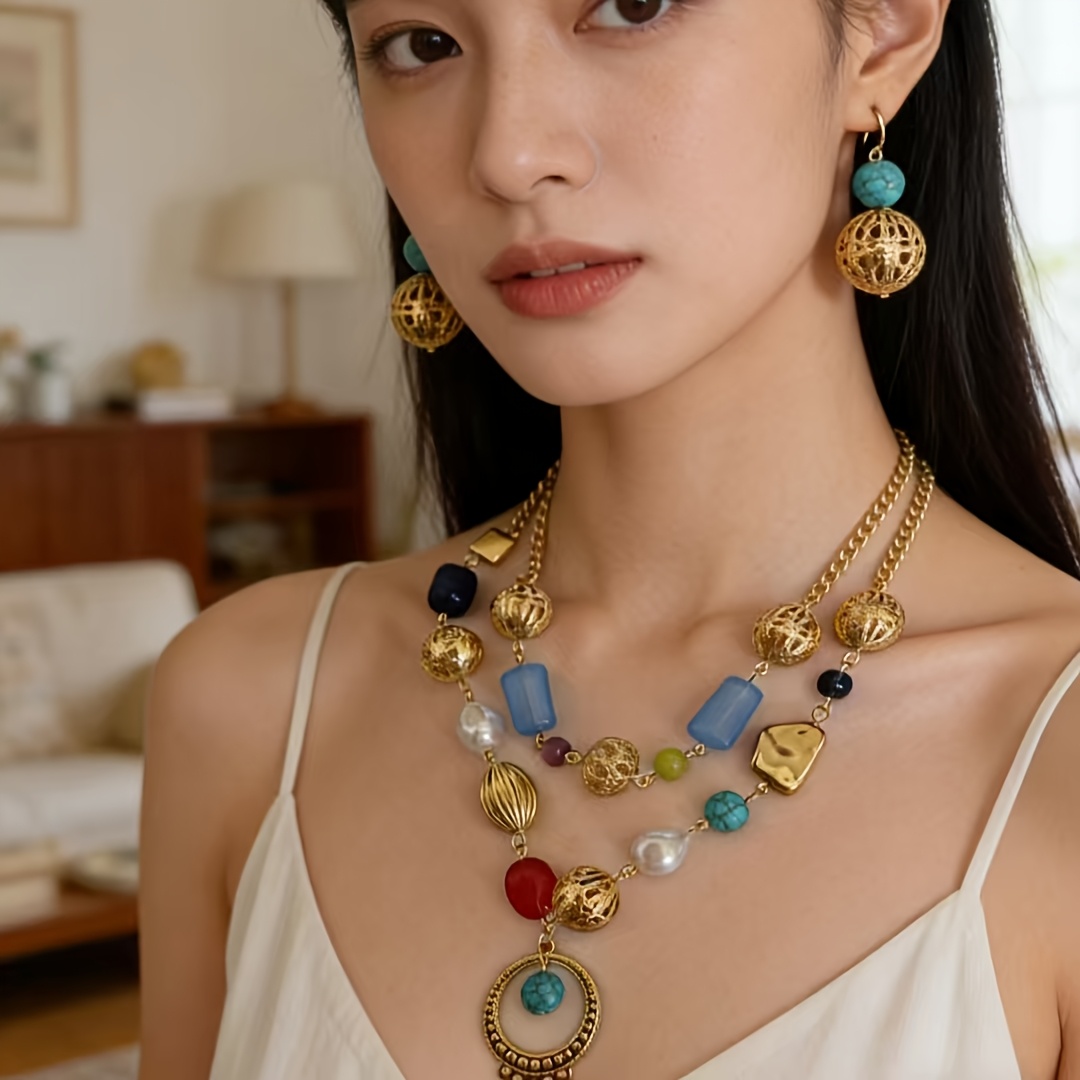 TEMU Parure 1 ensemble collier et boucles d'oreilles à double rangée de perles de multicolores de style bohème vintage pour femme, adaptée pour les