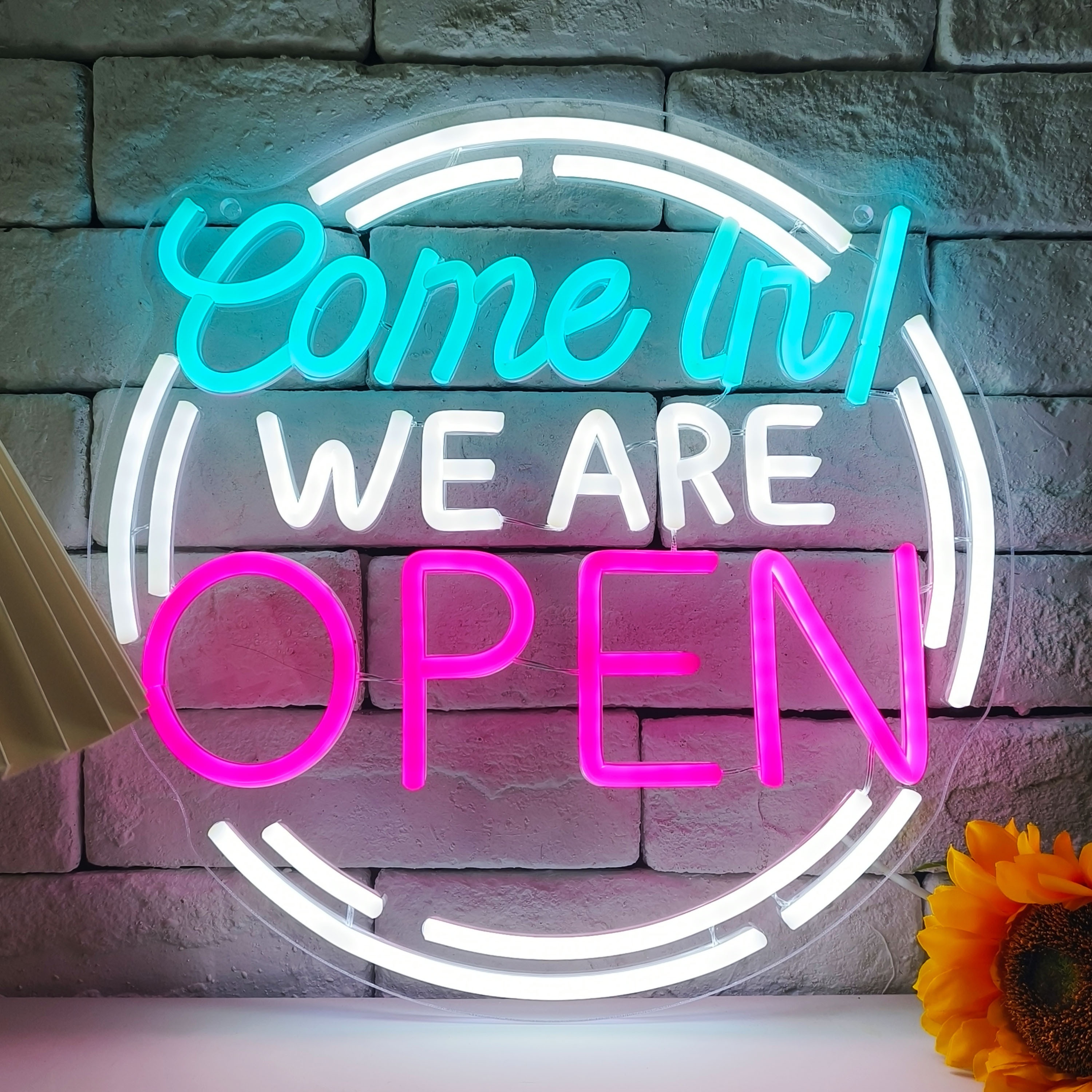 

Come In We Are Open Neon Sign - Bright Led Lighting For Businesses, Shops, And Bars - Wall-mounted, Button-operated, Usb-powered, And Multi-color