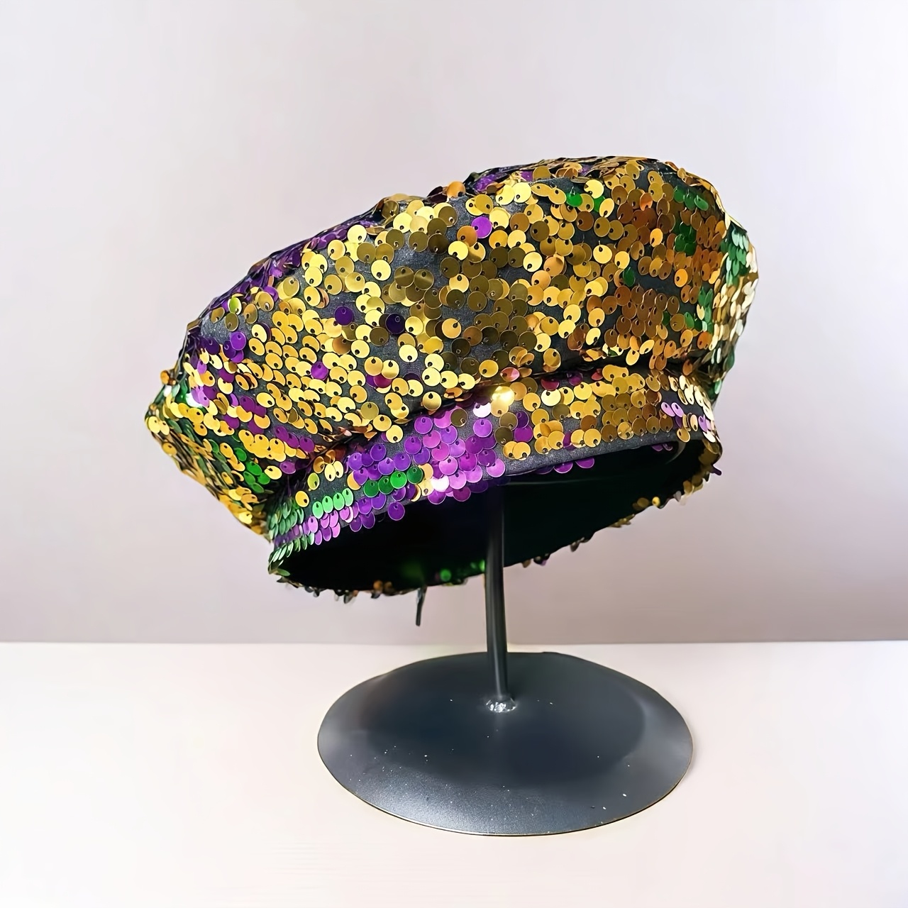 

A Stylish And Women's Beret Polyester In Purple, Golden, And Green With Large Sequins, Suitable For Festivals. It Features A French Beret Design, Parties, , And Masquerade Events Throughout The Year.