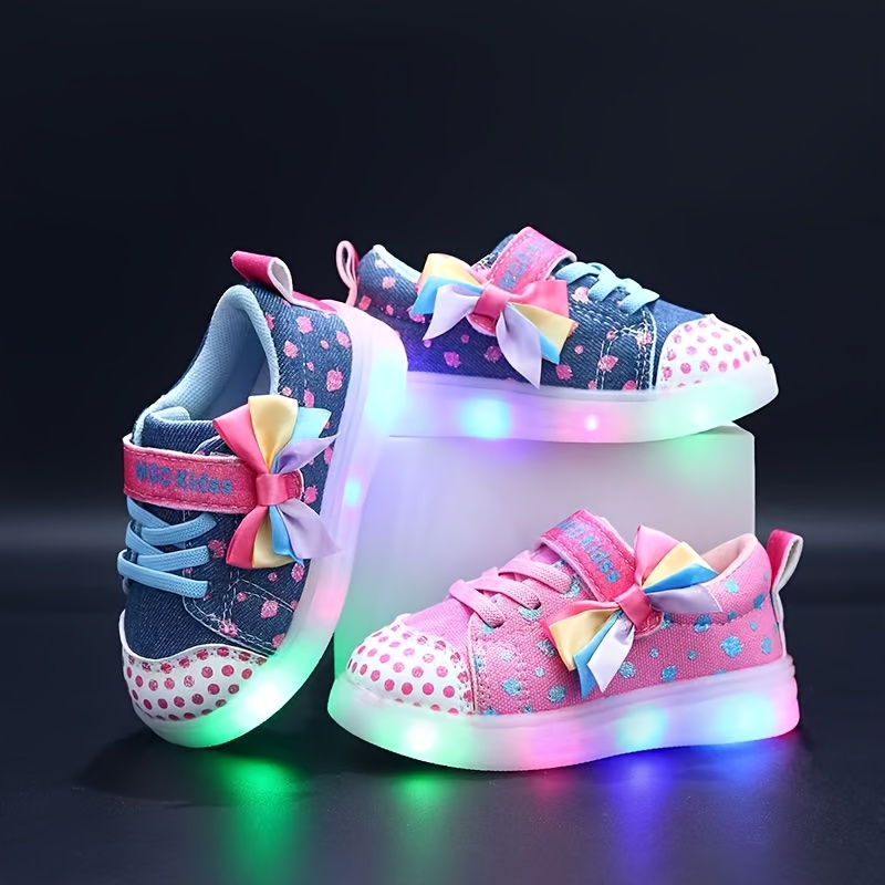 Girls' LED Light-Up Sneakers Pink with Rainbow Polka Soft Rubber  Soles, Casual Athletic Shoes for Spring and Summer, Casual Athletic Shoes|* 