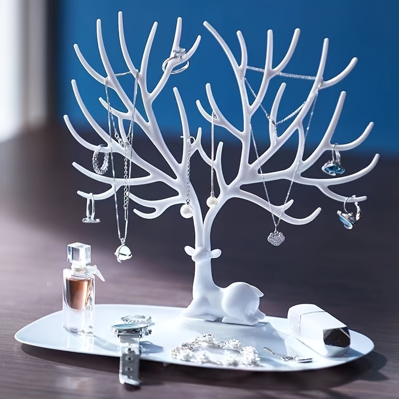 1 pieza de organizador de joyas en forma de asta - una solución de almacenamiento de plástico multifuncional adecuada para anillos, pendientes y collares, con una bandeja para perfumes y barras de labios, con una práctica bandeja de gancho para la exhibición de joyas, torres de joyas.