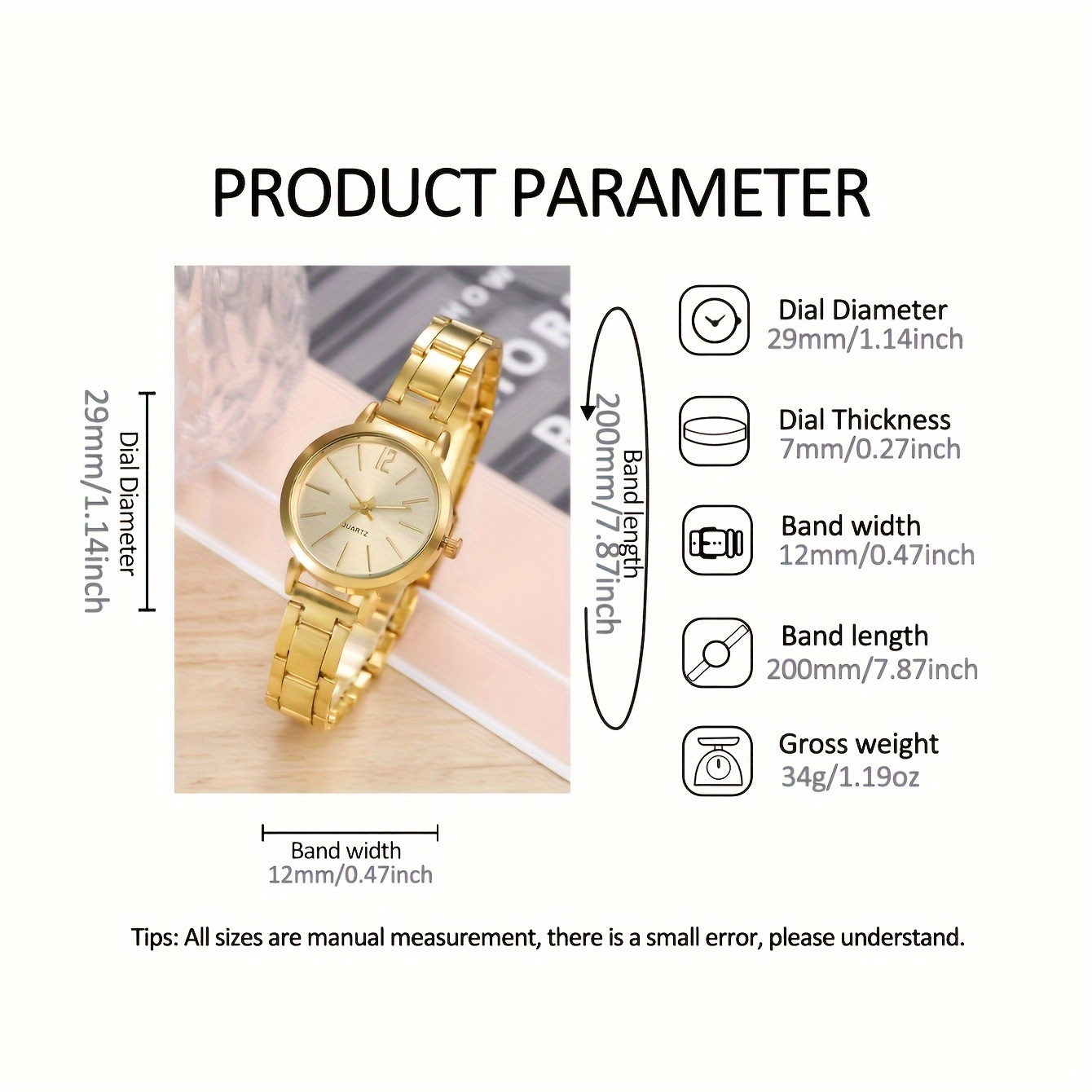 2 pcs golden round quartz watches zinc alloy strap zinc alloy pointer zinc alloy dial and alloy bracelet jewelry for women details 3