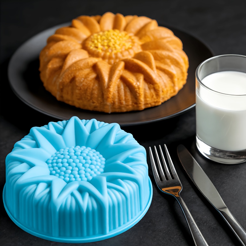 Image of High Temp Silicone Bakeware, Baking Mold, Reusable And Dishwasher Safe, Oven/air Fryer Safe, For Party/birthday/home Baking, Restaurant Bakeware (blue Sunflower-shaped Silicone Mold)